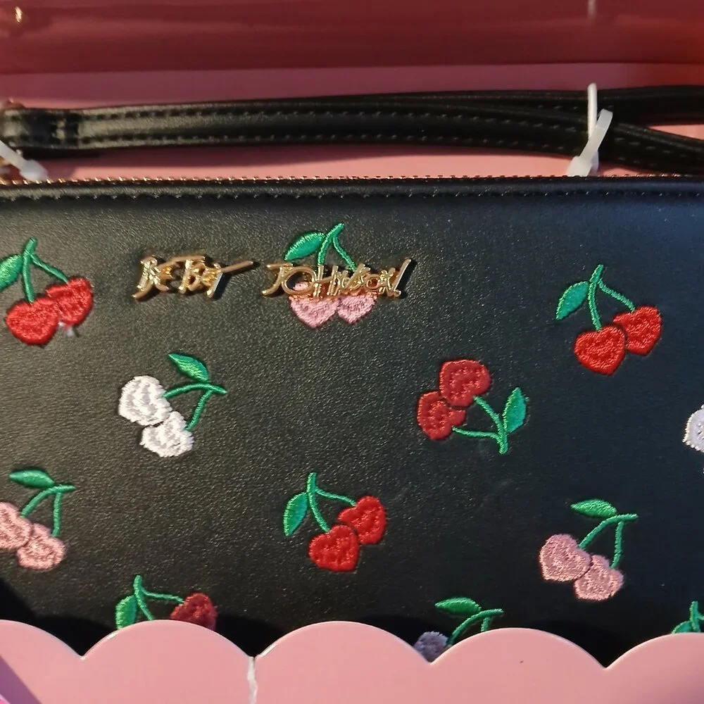 Betsey Johnson Black Cherry Embroidered Wristlet Wallet
